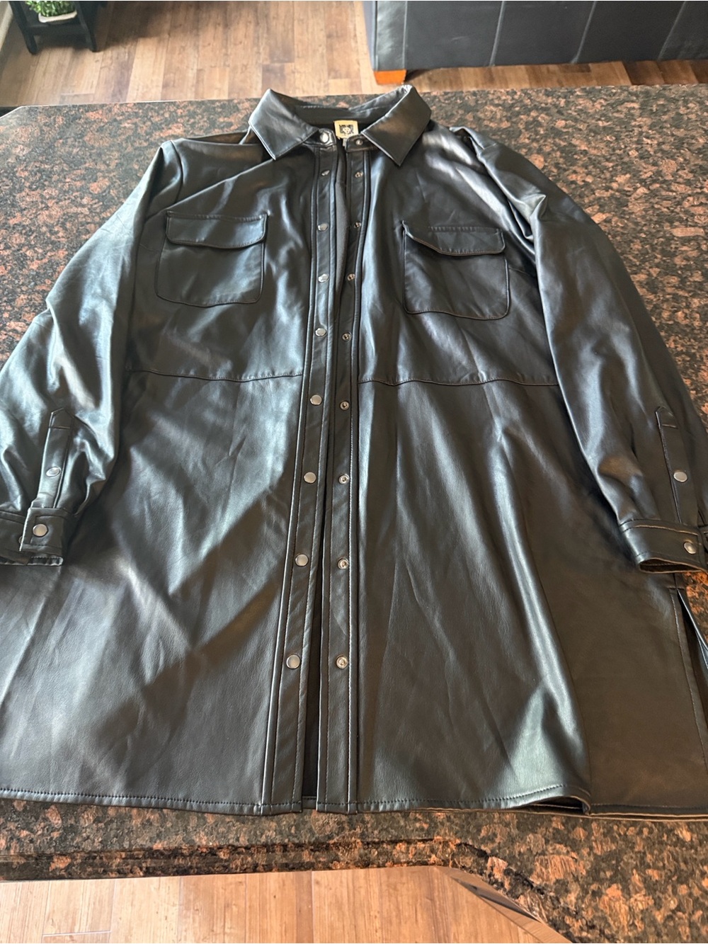 Anne Klein Black Faux Leather Button-Front Shirt Jacket